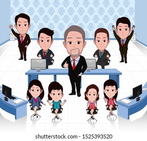 illustration of the character set of office workers who pose together in a workspace. Vector cartoons that can be used for caricature or mascot templates with plain backgrounds.