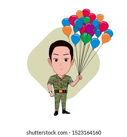 illustration of the character of a soldier wearing a military uniform carrying many balloons in his hand. Vector cartoons that can be used to caricature templates with plain backgrounds.