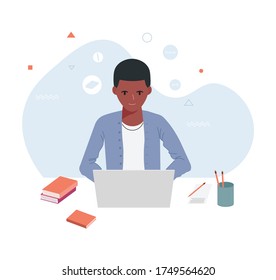 illustration of character studying with his laptop. male avatar study. black male student study hard.