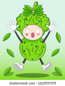 illustration of the character of a surprised fruit that almost fell, thus making a leaf on its head fall, vector, eps 10