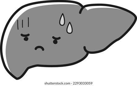 Illustration (character) of an unhealthy liver with a troubled face (black and white)