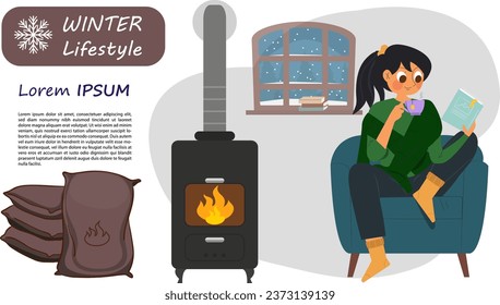 illustration character use wood pellet heating indoor fireplace