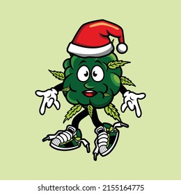 Ilustración diseño vectorial de brotes de hojas de cannabis usando sombrero santa claus