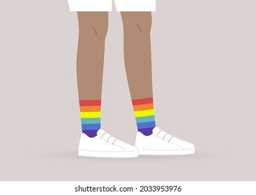 An illustration of character wearing rainbow socks, LGBT movement, lower part crop