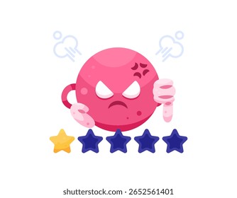 Ilustração de um personagem que está irritado e dando um polegar para baixo. Zangado por causa da insatisfação. Obtendo 1 estrela. Conceito de avaliações e classificações de clientes ou clientes. Design de estilo plano