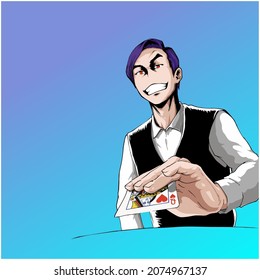 illustration of character who playing card and dressed like a gambler. vector character illustration 