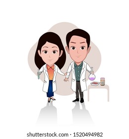 illustration of the character of a woman and a man doing laboratory activities in laboratory uniforms and bottles. Vector cartoons that can be used to caricature templates with plain backgrounds.