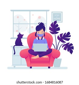 illustration of character working on computer and stay at home for prevention from corona virus