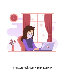 illustration of character working on computer and stay at home for prevention from corona virus