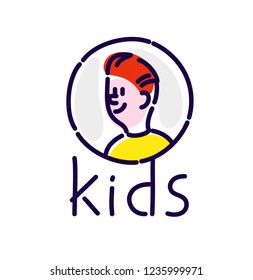 Illustration of the character of a young man and Kids logo. Vector. Flat outline style. Illustration for poster, print and website. Mascot for the company. Cartoon redhead boy in a yellow t-shirt.