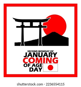 Illustration of characteristic Japanese gate with mount Fuji and red sun with bold text and Japan flag isolated on white background to commemorate Coming of Age Day on Second Monday of January 