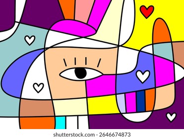  illustration characterized by bold black outlines segmenting the canvas into various geometric and organic shapes.
