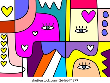  illustration characterized by bold black outlines segmenting the canvas into various geometric and organic shapes.