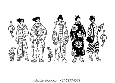 the Illustration of characters in Chinese or Japanese style clothing. Hand drawn in line style