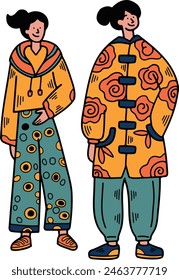 the Illustration of characters in Chinese or Japanese style clothing. Hand drawn in line style