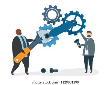 Illustration of characters fixing a cogwheel