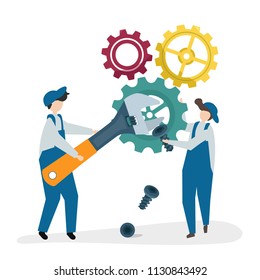 Illustration of characters fixing a cogwheel