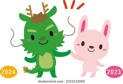 Illustration of characters high-fiving each other as they change from the year 2023 Rabbit to the year 2024 Dragon.