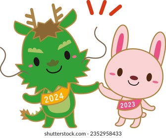 Illustration of characters high-fiving each other as they change from the year 2023 Rabbit to the year 2024 Dragon with border