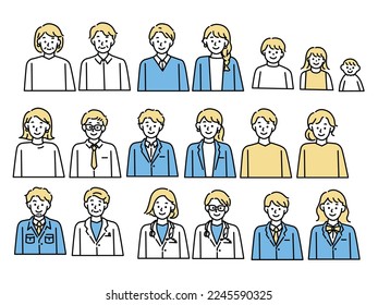 Illustration of characters: husband and wife, senior generation, children, high school students, doctors, workers, business, work, men and women of all ages.