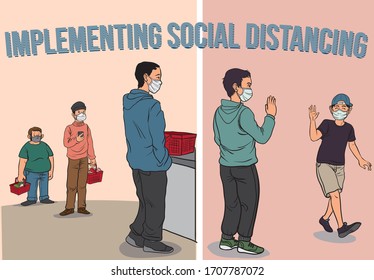 Illustration of characters implementing social distancing amid covid-19 pandemic - vector.