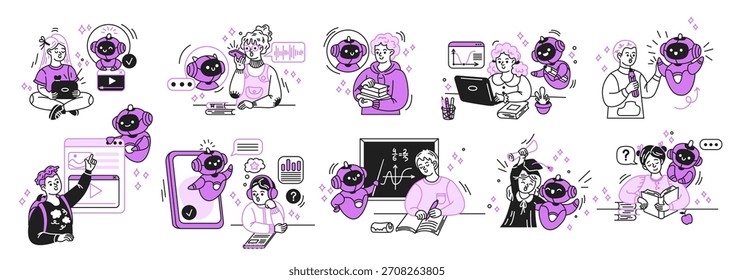 Illustration of characters interacting with technology and educational elements. Cartoon style with purple accents. Scene shows collaboration and learning in a digital setting.