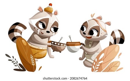 Illustration characters raccoons have lunch in nature.