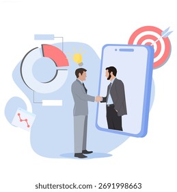 Ilustración de personajes dándose la mano en línea, concepto de Acuerdo de negocios en línea
