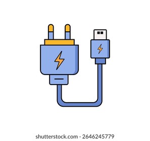Illustration of a charger adapter with USB cable. Flat, clean look, perfect for tech icons or electronic device infographics.