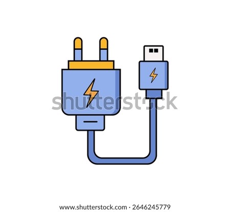 Illustration of a charger adapter with USB cable. Flat, clean look, perfect for tech icons or electronic device infographics.