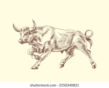 Illustration of charging bull running with big horns. Vector illustration in engraving style.
