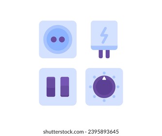 Ilustración de cubo de carga, interruptor rotatorio, interruptor de luz y enchufe. dispositivos electrónicos. colección o conjunto de iconos o símbolos. diseño de estilo plano. elementos gráficos. Vector