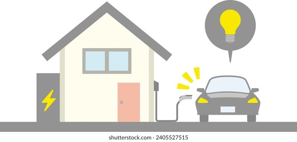 Illustration of charging an electric car with the charging equipment of a small house with a triangular roof