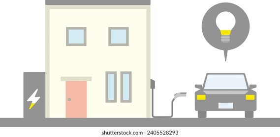 Illustration of charging an electric car with the charging equipment of a two-story square house