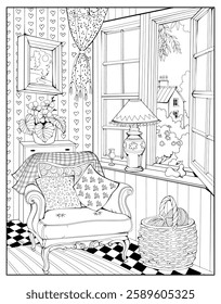 Illustration of a charming ancient room interior with an armchair near an open window. Page for coloring book. Black and white drawing. French architecture. Hand drawn vector.