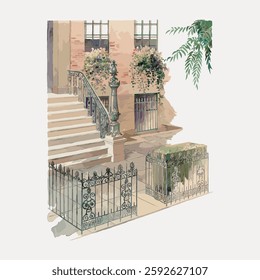 Illustration of a charming building entrance with wrought iron gate, stone steps, and floral decor. The entrance is adorned with flowers and intricate ironwork. Vintage art illustration, vector.