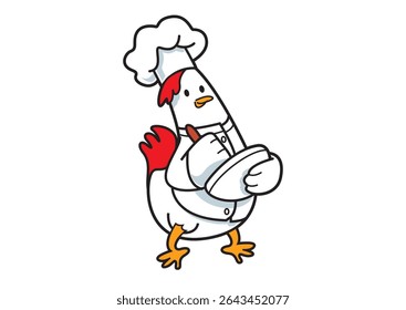 Illustration of a charming cartoon chicken character dressed as a chef, actively writing on a notepad, showcasing culinary creativity