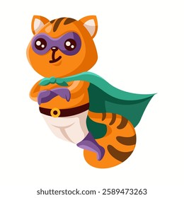 Illustration of a charming cartoon raccoon wearing a superhero costume, complete with a green cape and mask, showcasing adorable features and playful spirit.