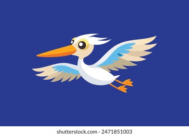 Illustration of a charming pelican in flight, depicted with intricate detail and vibrant colors, rendered in a vector format.