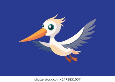 Illustration of a charming pelican in flight, depicted with intricate detail and vibrant colors, rendered in a vector format.