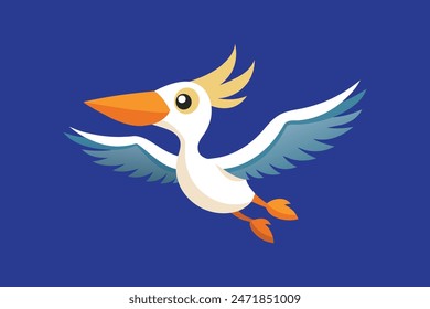 Illustration of a charming pelican in flight, depicted with intricate detail and vibrant colors, rendered in a vector format.