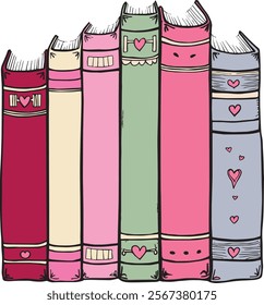 Illustration of a charming and romantic illustration featuring a row of colorful books