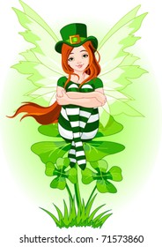 Illustration of Charming St. Patrick's fairy sitting on clover