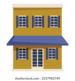 Illustration of a charming two storey yellow building with a blue awning, perfect for representing a small business or shop