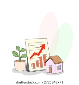Ilustração de um diagrama gráfico e casa representando o crescimento do investimento, investimento imobiliário, planejamento financeiro e conceito de riqueza da propriedade.