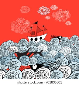 Illustration of a chart with sea waves of a ship and squid