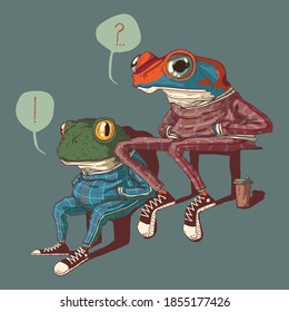 Illustration of chat between two sitting frogs dressed in sport suits