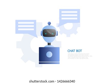 illustration of chat bot concept, robot use laptop to chatting and working vector background