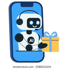 Illustration of chat bot with gift from mobile phone screen