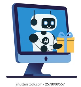 Illustration chat bot, robot with gift from monitor screen isolated white background
